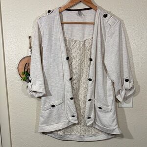 Vanity Cream Button-Up Cardigan with Lace Detail Size L